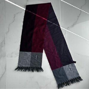 Yves Saint Laurent YSL Wool Scarf Burgundy Gray Fringe Vintage Designer Luxury